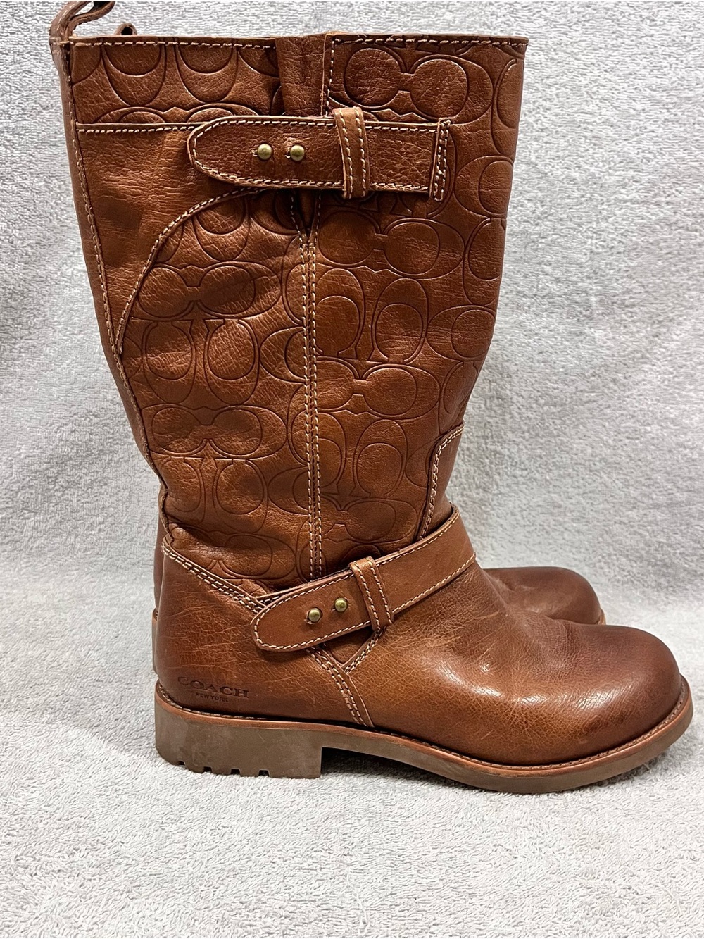 COACH A4238 Virginia Embossed Logo Brown Leather Boots Women’s US 7 (B)